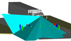 3D vision-planes demonstrating truck driver's sight limitations from the contours of the truck